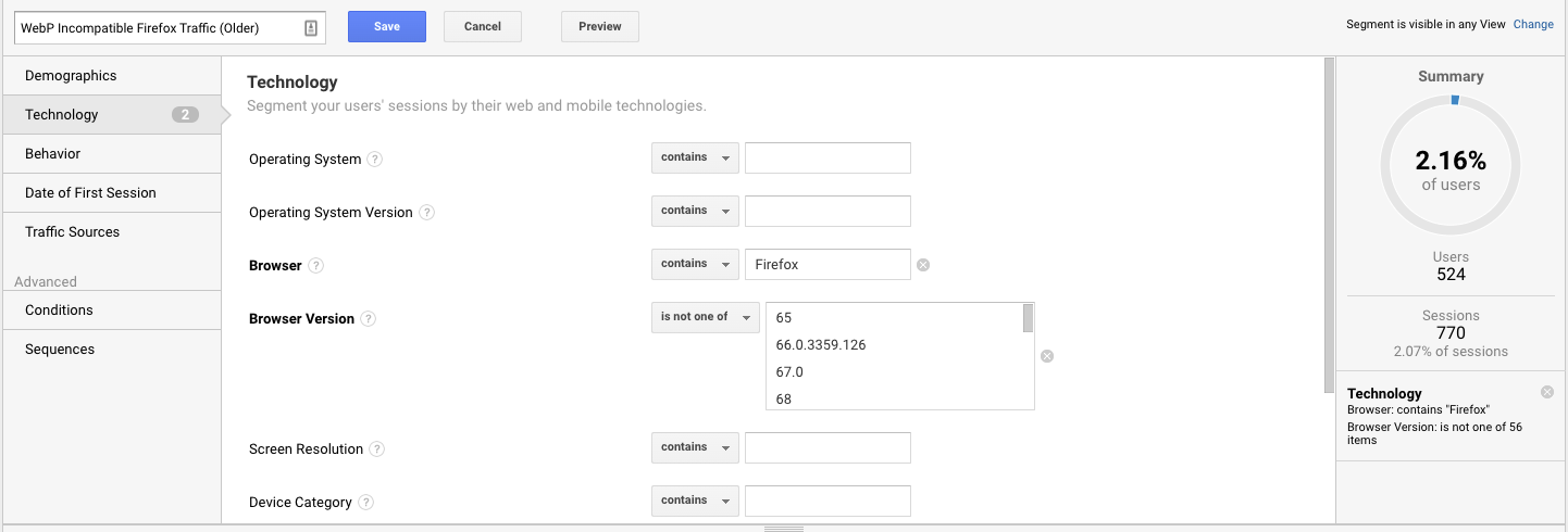 browser segments in google analytics for webp