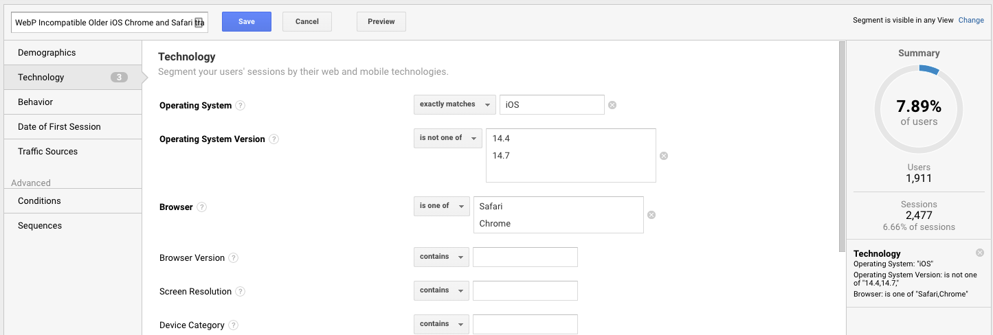 google analytics browser version segments in filters