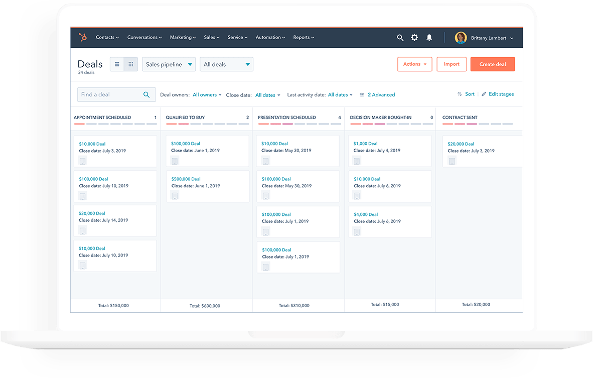 HubSpot CRM Deals Board